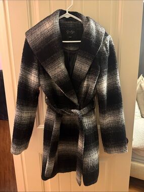 Jessica Simpson Women’s Black & Gray Plaid Wrap Coat with Belt